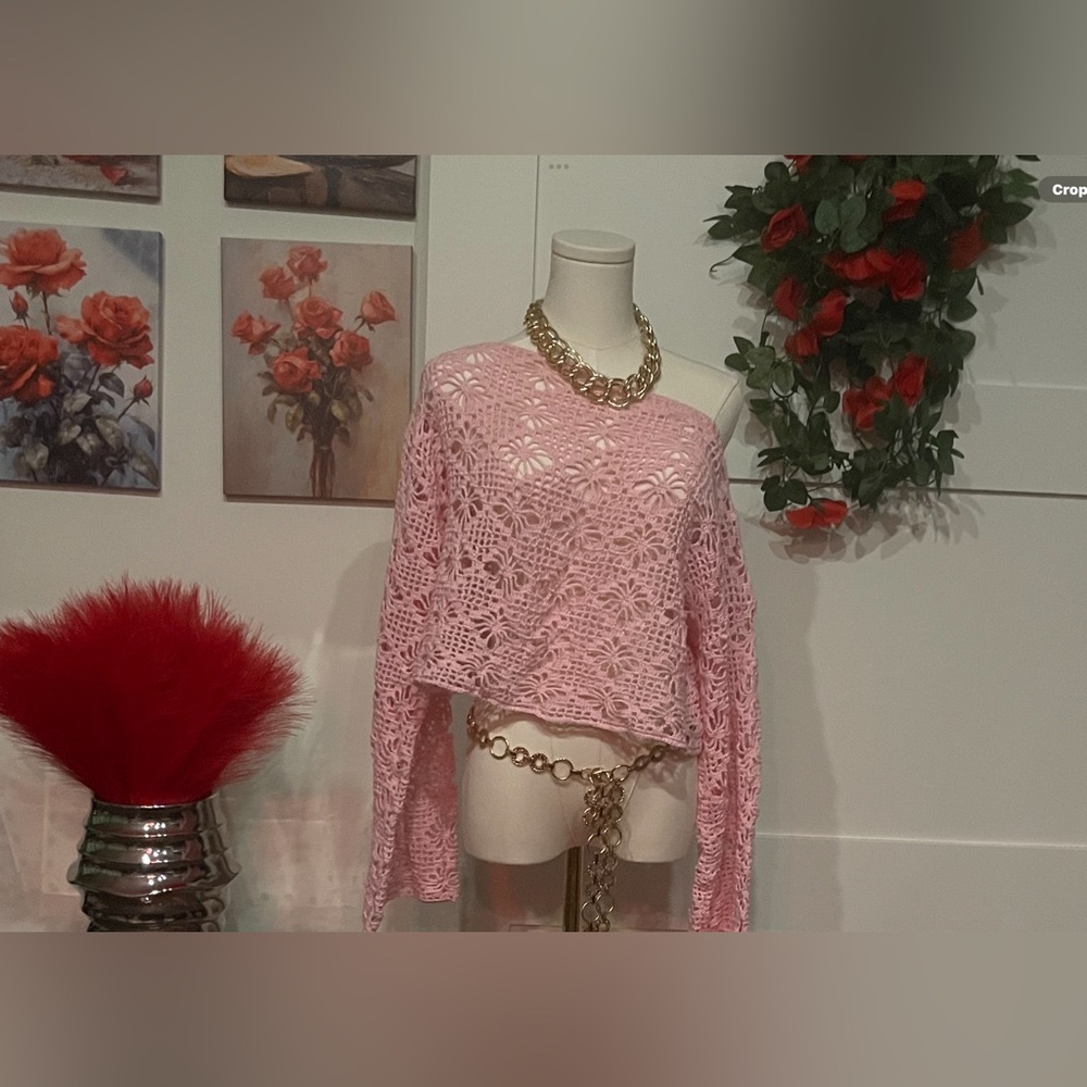 Handmade Crochet Cotten Thread Off The Shoulder Pink Top